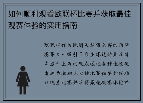 如何顺利观看欧联杯比赛并获取最佳观赛体验的实用指南